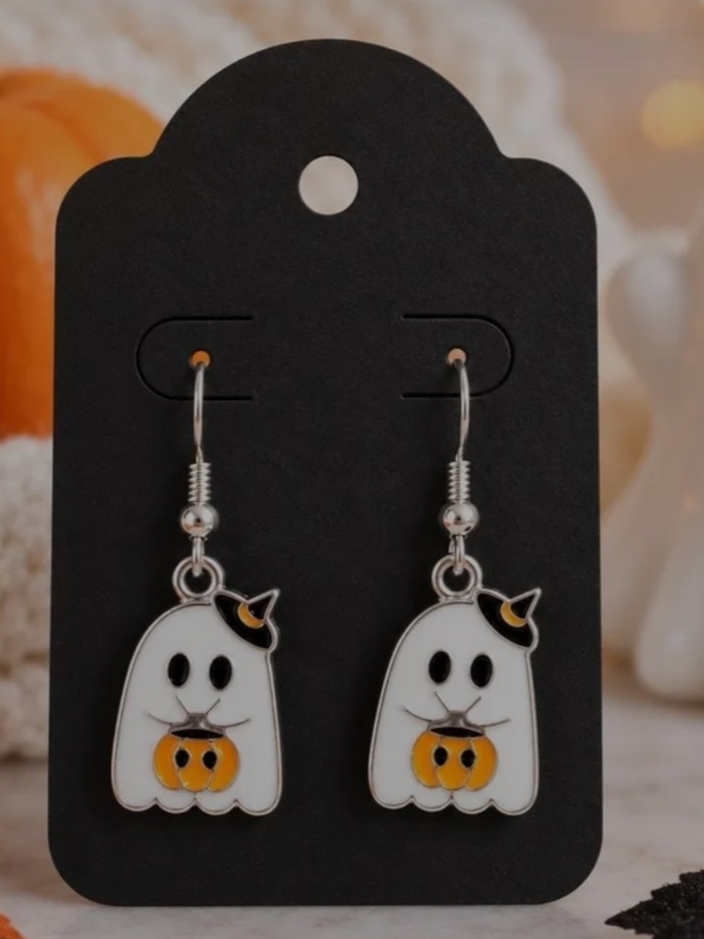 Halloween Ghost Drop Earrings - White and Orange